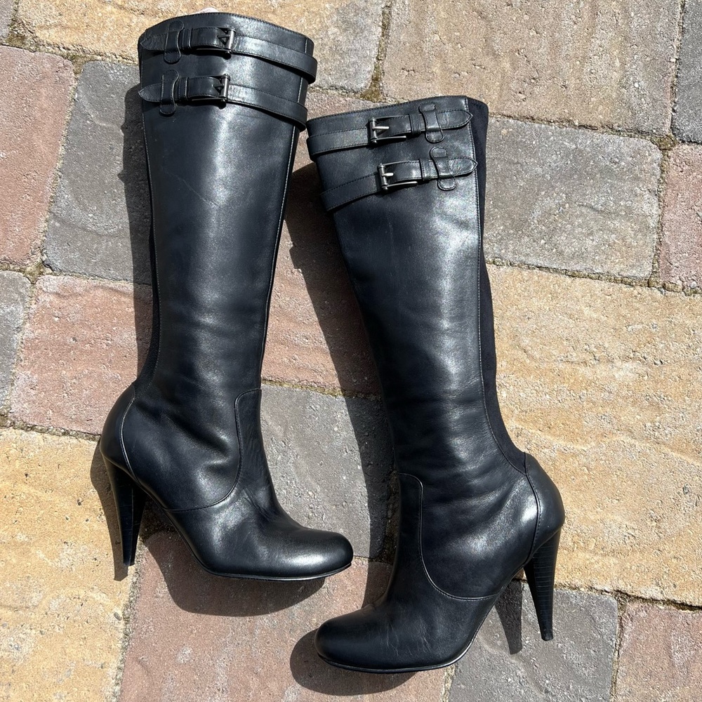 Cole Hann Black Leather Knee High Heeled Boots Double Buckle NikeAir Soles  7.5